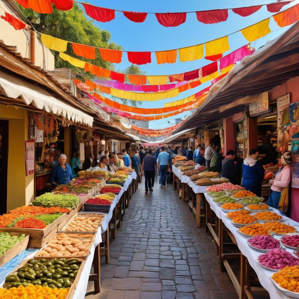A vibrant market scene in Santiago, showcasing colorful local dishes, fresh ingredients, and bustling vendors. Include traditional Chilean food items like empanadas, pastel de choclo, and pisco sour being enjoyed by happy locals. Bright banners and cultural decorations add to the festive atmosphere. Capture the essence of Santiago's culinary diversity and warmth. super-realistic. vibrant colors. 3D.