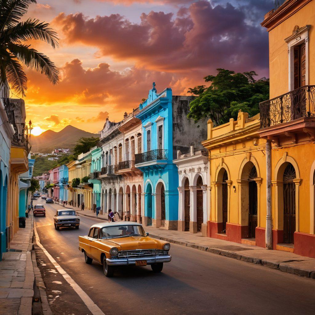 A vibrant street scene in Santiago de Cuba, showcasing colorful colonial architecture, lively locals engaging in music and dance, and lush greenery in the background. Include iconic landmarks like the Castillo del Morro and a sunset sky casting warm hues over the city. Capture the essence of community and scenic beauty. super-realistic. vibrant colors.
